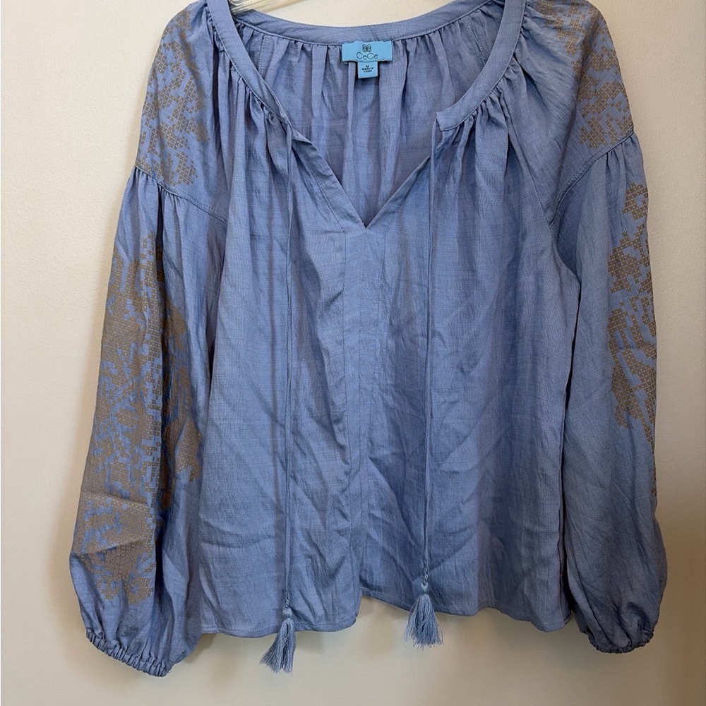 CeCe Light Blue Embroidered Peasant Blouse with Tan Accents